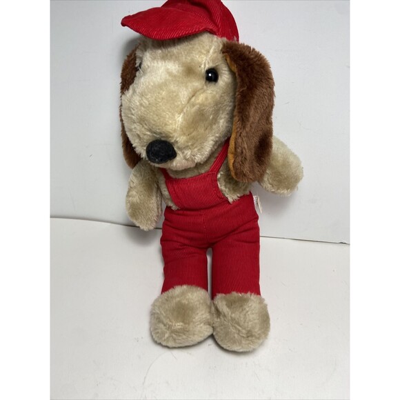 Interpur Brown Puppy Dog Red Corduroy Hat Overalls 15 Inch Stuffed Toy vtg Plush - Picture 2 of 7